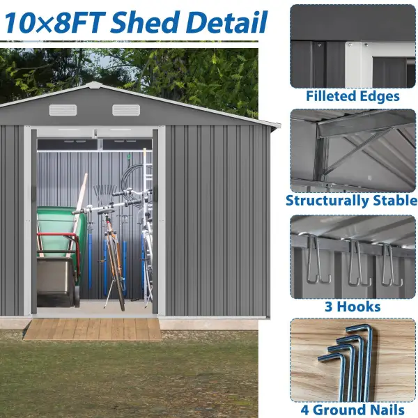10X8 FT Outdoor Storage Shed, Metal Foundation & Lockable Doors, Tool Shed For Garden, Patio, Backyard, Lawn, Grey - Image 8