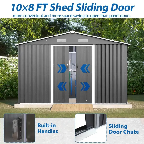 10X8 FT Outdoor Storage Shed, Metal Foundation & Lockable Doors, Tool Shed For Garden, Patio, Backyard, Lawn, Grey - Image 7
