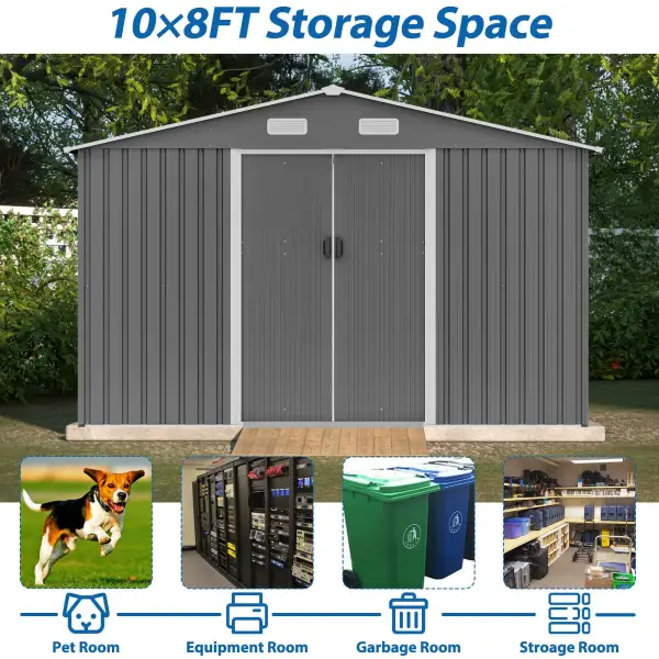 10X8 FT Outdoor Storage Shed, Metal Foundation & Lockable Doors, Tool Shed For Garden, Patio, Backyard, Lawn, Grey - Image 5