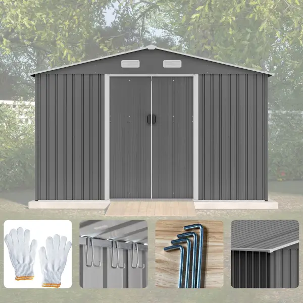 10X8 FT Outdoor Storage Shed, Metal Foundation & Lockable Doors, Tool Shed For Garden, Patio, Backyard, Lawn, Grey - Image 10