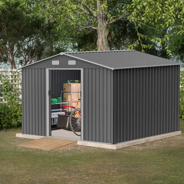 10X8 FT Outdoor Storage Shed, Metal Foundation & Lockable Doors, Tool Shed For Garden, Patio, Backyard, Lawn, Grey - Image 4