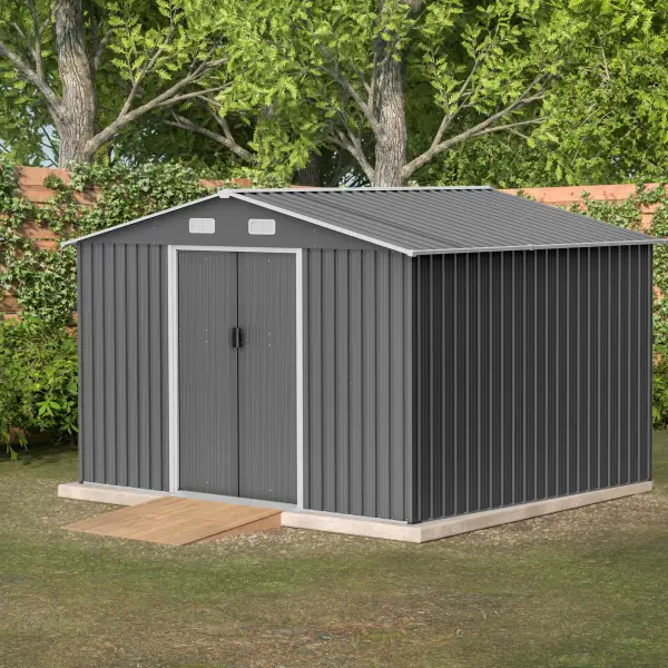 10X8 FT Outdoor Storage Shed, Metal Foundation & Lockable Doors, Tool Shed For Garden, Patio, Backyard, Lawn, Grey - Image 6