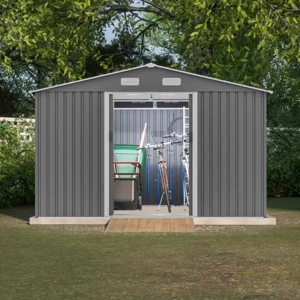 10X8 FT Outdoor Storage Shed, Metal Foundation & Lockable Doors, Tool Shed For Garden, Patio, Backyard, Lawn, Grey - Image 2
