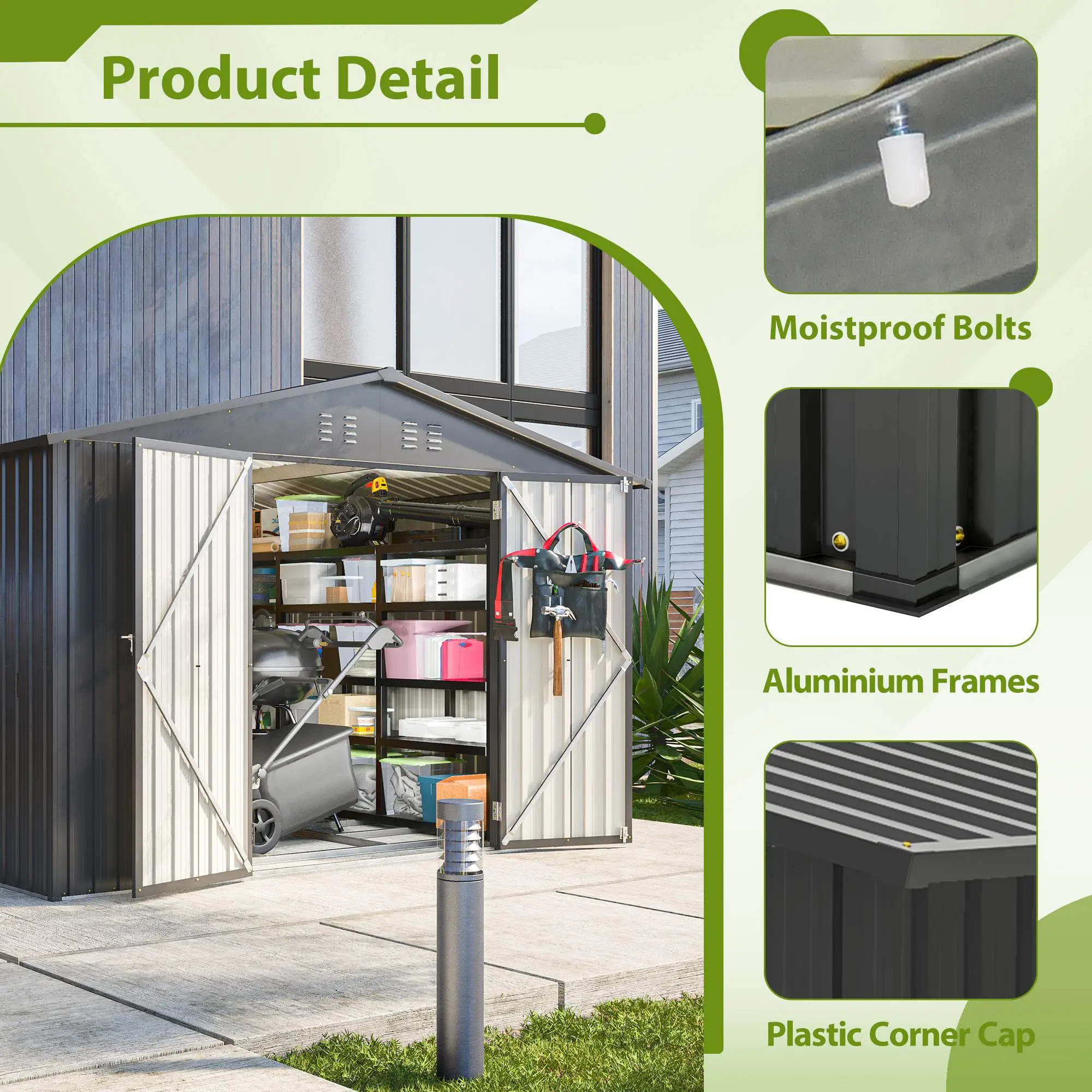 10X8 FT Outdoor Storage Shed, All Weather Metal Sheds With Lockable Doors, Tool Shed For Garden, Patio, Backyard, Lawn, Black - Image 7