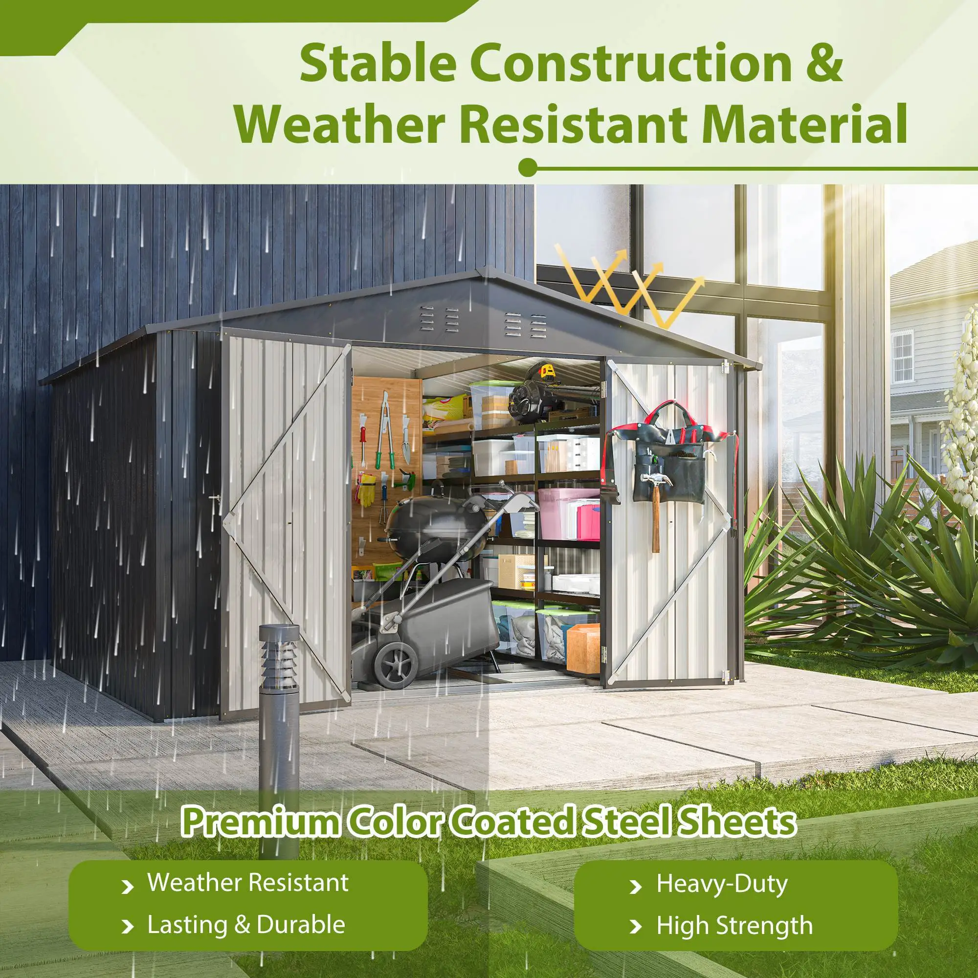 10X8 FT Outdoor Storage Shed, All Weather Metal Sheds With Lockable Doors, Tool Shed For Garden, Patio, Backyard, Lawn, Black - Image 9