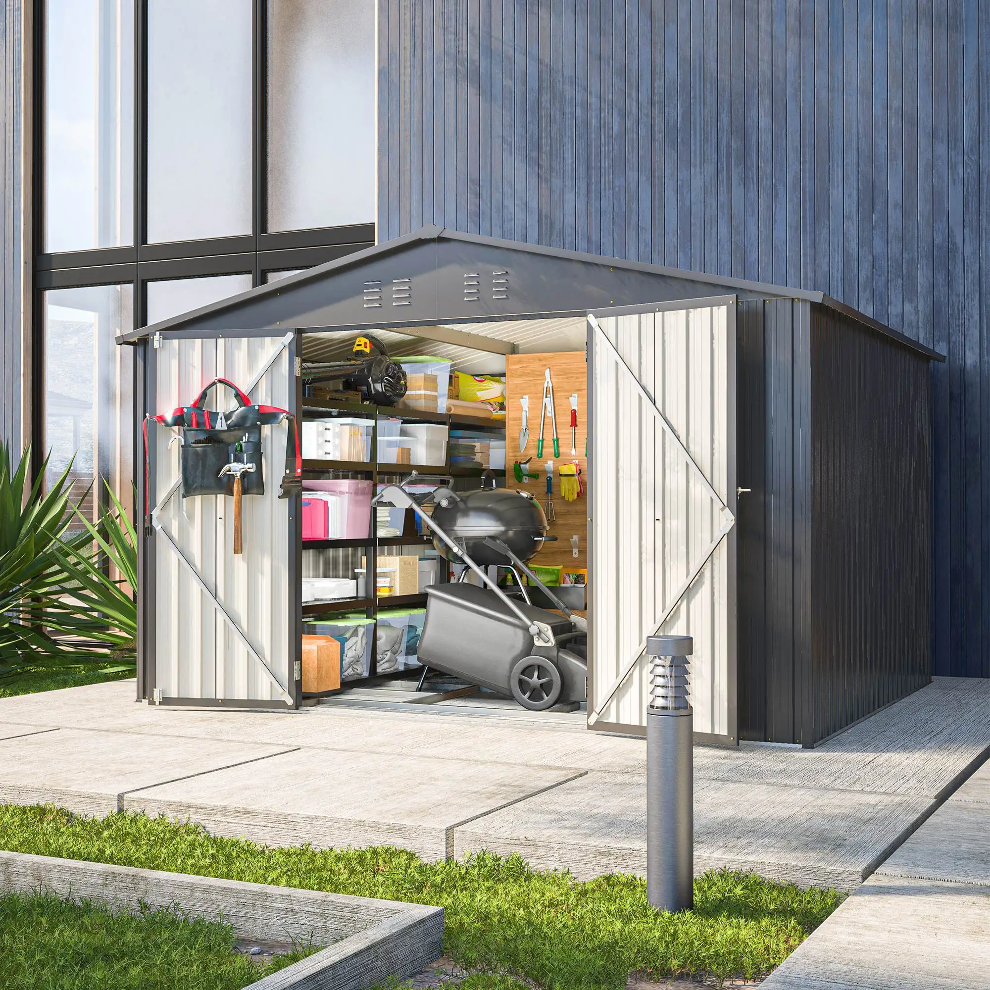 10X8 FT Outdoor Storage Shed, All Weather Metal Sheds With Lockable Doors, Tool Shed For Garden, Patio, Backyard, Lawn, Black - Image 5
