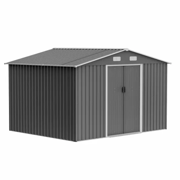 10X8 FT Outdoor Storage Shed, Metal Foundation & Lockable Doors, Tool Shed For Garden, Patio, Backyard, Lawn, Grey - Image 11