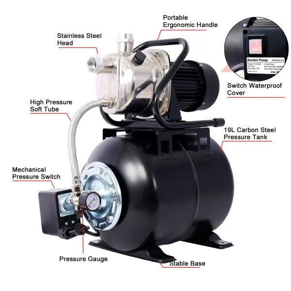 1.6HP Shallow Well Pump with 5-Gallon Pressure Tank – Automatic Water Booster, Garden & Irrigation Pump - Image 5