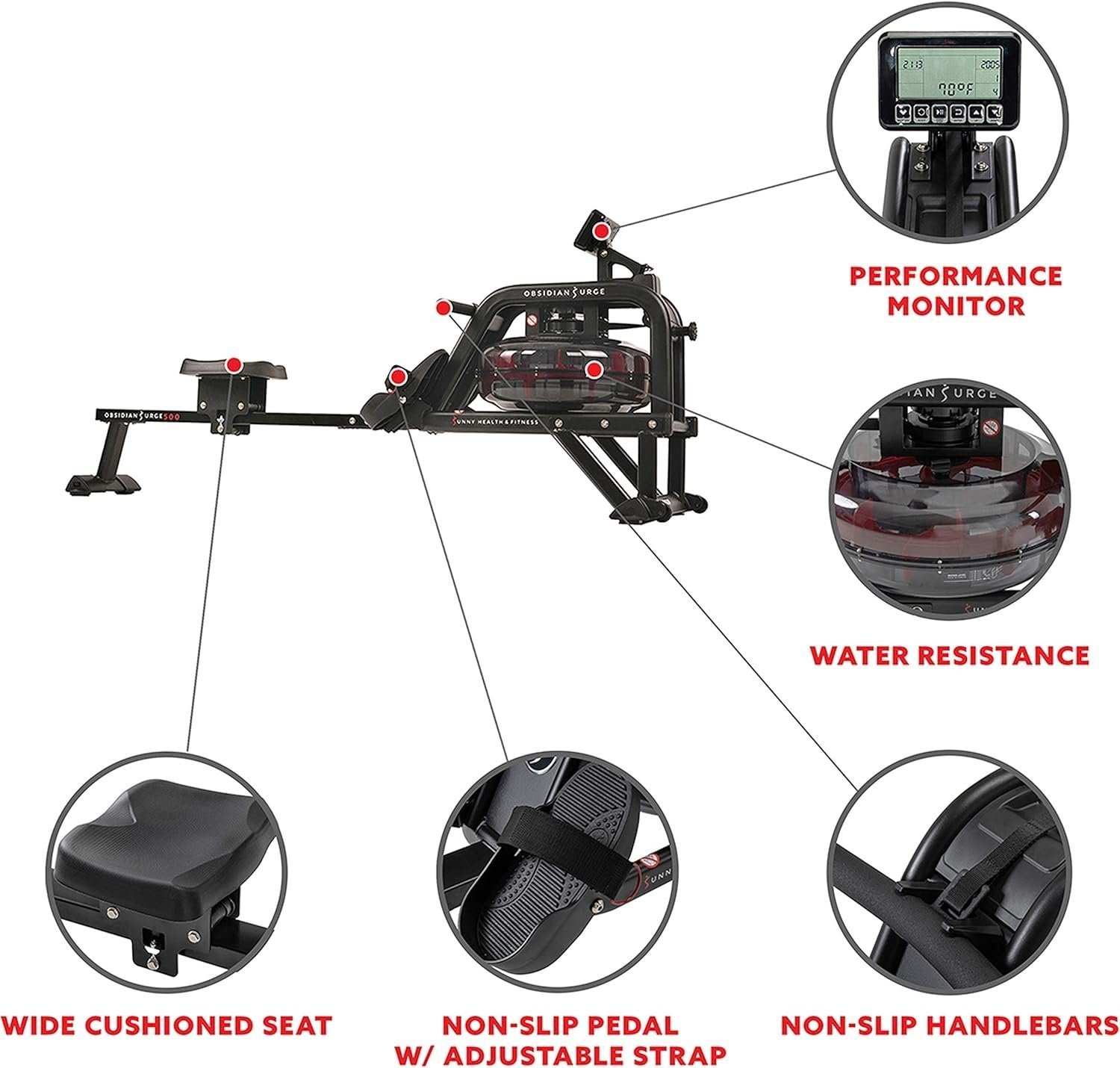 Sunny Health and Fitness Obsidian Surge Water Rowing Machine - Image 5