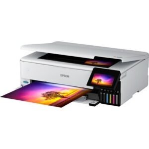 Epson EcoTank Photo ET-8550 All-in-One Supertank PrinterThe EcoTank Photo ET-8550 wireless all-in-one prints lab-quality, wide-format color photos, graphics and everyday documents — all at an incredible value. Epson’s cartridge-free, 6-color Claria ET Premium Inkjet system delivers vibrant colors and sharp text for all your creative projects. With low-cost replacement ink bottles, print 4″ x 6″ photos for about 4 cents each compared to 40 cents with cartridges (1). Print everything from borderless 13″ x 19″ photos to customized CDs/DVDs. You can even print on cardstock and other media up to 1.3 mm thick. For added convenience, each set of bottles lets you print for up to 2 years (2). Plus, save up to 80 percent with replacement ink bottles vs. ink cartridges (3) — that’s about $2,000 on each set (3). The compact EcoTank Photo lets you do it all with affordable in-house printing.  Cartridge-free printing for lab-quality photos, graphics and creative projects — get vibrant colors and sharp text with Epson’s compact, high-accuracy printhead and Claria ET InkJet Premium 6-color inks; print a 4 x 6″ photo in as fast as 15 seconds (4) Extraordinary media support, including borderless photos up to 13″ x 19″ — accommodates cardstock, CD/DVDs and other specialty media up to 1.3 mm thick; auto 2-sided printing Amazing value — save a ridiculous amount on photos (1) and creative projects with affordable in-house photo printing; print 4″ x 6″ photos for about 4 cents each vs. 40 cents with traditional ink cartridges (1) Save up to 80% with low-cost replacement ink bottles vs. ink cartridges (3) — that’s about $2000 on each set (3), enough ink to print up to 6,200 pages color (5) Print up to 2 years (2) — with each included and replacement ink bottle set Zero cartridge waste — with high-yield ink bottles; each replacement ink bottle set is equivalent to about 100 individual ink cartridges (6) Print, scan and more from your mobile device (7) with Epson Smart Panel app (8) — set up, monitor and operate your printer directly from your mobile device; supports iOS and Android Intuitive touch display and wireless connectivity — 4.3″ color display, voice-activated printing (9) and more for fast, easy performance Exclusive EcoFit ink bottle design — uniquely keyed for easy filling of each color Use Genuine Epson Ink ― for optimal print quality and performance. Non-genuine ink could cause damage not covered by the printer’s limited warranty  Specifications  Ink Container Type Ink Tank Refill  Printed Page Method Duplex  Printer Functions Print, Scan, Copy  Maximum Scanner Resolution 4800 dpi  Inputs & Outputs Inputs – USB, RJ-45  Display Screen Length 4.3 in  First Page Print Speed 15 seconds  Maximum Print Width 13.0 in  Maximum Print Length 19.0 in  Maximum Print Resolution 5760 dpi  Compatible Operating Systems iOS, Android, Windows, Mac OS  Monochrome Pages Per Minute 16 ppm  Paper Size 13 in x 19 in  Display Screen Width 4.3 in  Wireless Technology Wi-Fi 5, Wi-Fi Direct  Maximum Duty Cycle 200 Pages  Ink Refill Code T552  Printing Technology Inkjet  Features Epson,C11CJ21201,Inkjet Multifunction Printer  Is Energy Star-Certified Y  Brand Epson  Model C11CJ21201  Manufacturer Part Number C11CJ21201  Condition New  Monochrome/Color Color  Assembled Product Weight 24.5 lb  Manufacturer Epson